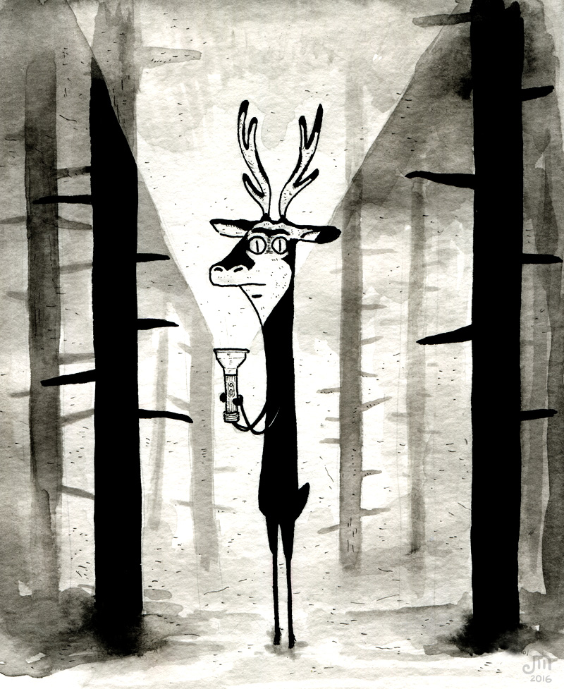 Ein Hirsch hat nachts im Wald sichtlich Spaß mit einer Taschenlampe. Gruselig! Illustration mit Wasserfarbe von Josephine Mark / Puvo production / Leipzig
